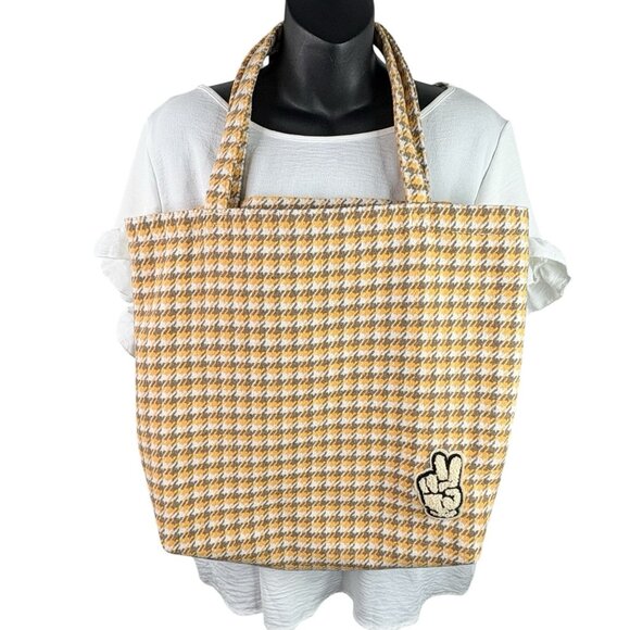 Urban Outfitters Wool Blend Houndstooth Peace Sign Patch Tote Bag Yellow School - Picture 1 of 10